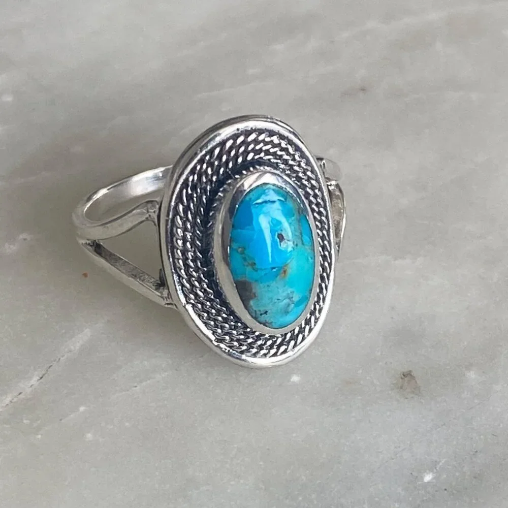 NEW Sterling Silver Braided Oval Turquoise Ring Size 6